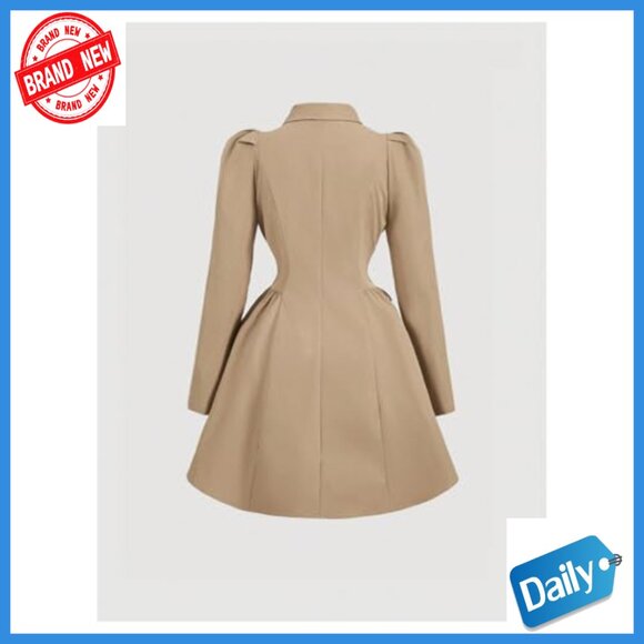 Women's Trench Coat Double Breasted Lapel Puff Sleeve A-Line Jacket Outerwear - Picture 2 of 5